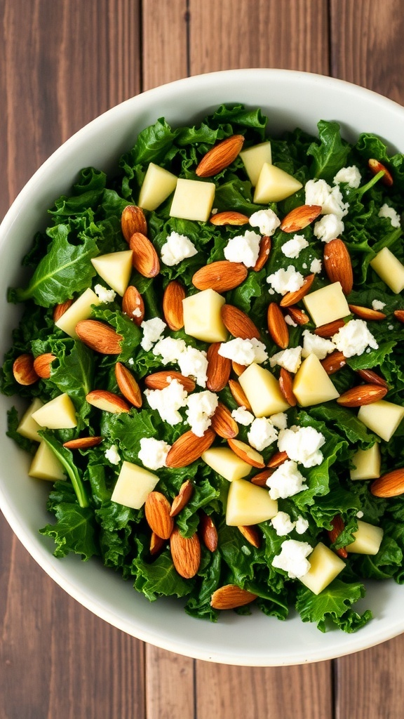 A colorful kale salad with honey mustard dressing, topped with almonds, apples, and feta cheese, on a rustic wooden table.